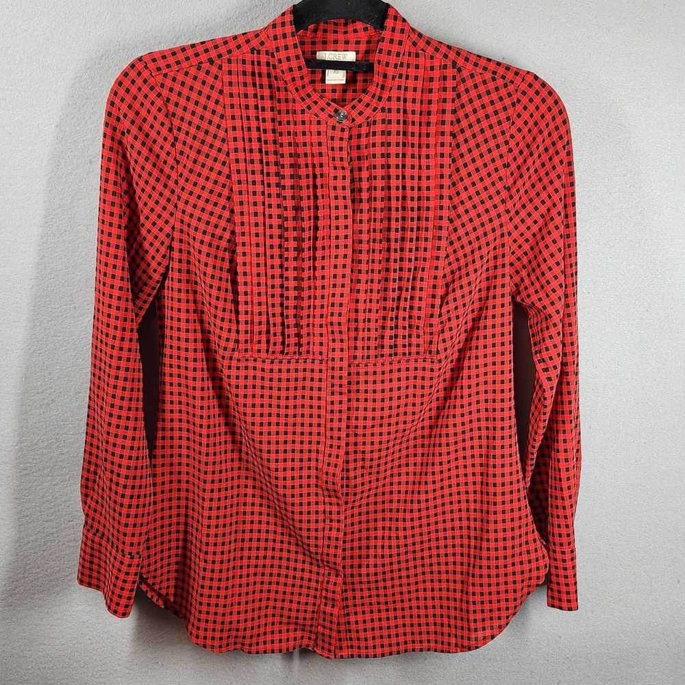 J Crew Shirt Womens XS Red Black Gingham Pintuck Long Sleeve‎ Popover Blouse